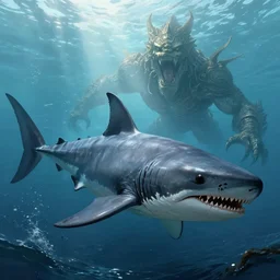 A monstrous giant megalodon in the middle of the sea, fantasy art, in the style of greg rutkowski, illustration, epic, fantasy, intricate, hyper detailed, artstation, concept art, smooth, sharp focus, ray tracing