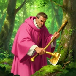 the preacher cuts down a bright green forest, with a golden axe, in the light of day, with a formidable look with rage, in a bright pink cassock,, highly detailed, artstation, illustration, jurgens, rutkowski, bouguereau, canon eos r 3