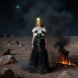The full body shot of beautiful pale woman with white flowers and full-face golden mask inside a thick black smoke in rocky desert landscape, glowing eyes everywhere, falling star on the horizon, burning earth by Gaspar Noe and Christopher Doyle, anamorphic lens, anamorphic lens flares, kodakchrome, cinematic composition, practical effects, award winning photo, 8k