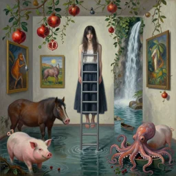 painting of a flooded apartment and a tall emo girl holding an infinite ladder, a pork horse, paintings on the wall, pomegranates, vines, waterfall, pigs, octopus, canoe, berries, zen, sensual, surrealist painting by magritte and monet