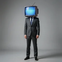 full body man in suit with head replaced by cathode ray tube TV