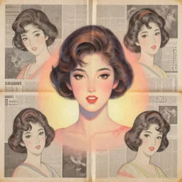 a handmade collage painting with newspapers of a girl from 1 9 8 0 s, high detailed, retro style painting, retro pastel colored palette, grain and texture, dancing heads, illustration, japanese style drawing, symetrical, in the middle, looking to camera, high shoulders, gradient ligjting at the back, sharp teeth, red paint stains, extremely elegant drawing, looking straight, lens correction, sharp focus, 8 k