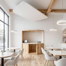 ! dream modern minimalist white restaurant with modern furniture and floating white planes on the ceiling, wooden box portal for food pick up, white plaster walls, wood floor, floating wood beams, glowing suspended ring lights, tall black metal frame windows