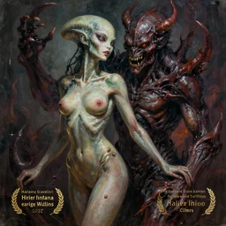 ultra realist horror painting of a dimly lit attractive alien female and hellish creature together, very intricate details, focus, curvy figure, model pose, full frame image, artstyle hiraku tanaka and craig mullins, award winning