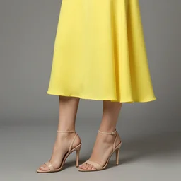 photo of an elegant yellow woman's dress with leg visible wearing a high heel