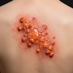 Close-up of skin afflicted by orange dragonscale disease on the verge of bursting, digital art