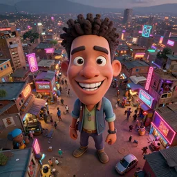 3 d vfx - caricature - art of a bustling - neon lit - ajegunle slum in nigeria, unreal engine render, digital illustration, illustration style by mike winkelmann, sharp, intricate detail, volumetric light, ray tracing, soft light, colourful, vivian maier photo, claymation, fish eye lens, drone perspective, acrylic, cinestill 8 0 0 t,