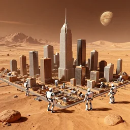 robots building a city on mars digital art