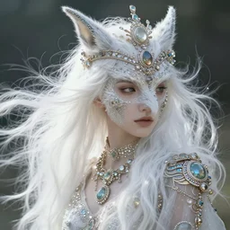 a beautiful white haired young 🦍, adorned with precious stones, tiara and necklace by jeremy mann and alphonse mucha, photo realistic, dynamic lighting, windy, artstation, poster, dreamy, volumetric lighting, ethereal, 4 k, high detail