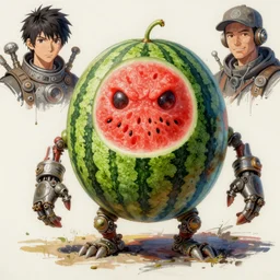 semi reallistic gouache gesture painting, by yoshitaka amano, by ruan jia, by Conrad roset, by dofus online artists, detailed anime 3d render alien watermelon monster, watermelon alien  terrible monster, antrophomorfic watermelon,  portrait, cgsociety, artstation, rococo mechanical, Digital reality, sf5 ink style, dieselpunk atmosphere, gesture  drawn