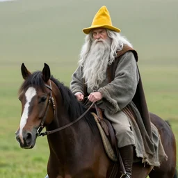 Gandalf with a yellow hat riding a horse