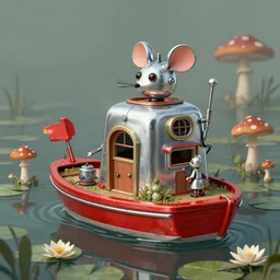 adventurer ( ( ( ( ( 1 9 5 0 s retro future robot mouse house boat home. muted colors. swamp mushrooms. water lilies ) ) ) ) ) by jean baptiste monge!!!!!!!!!!!!!!!!!!!!!!!!! chrome red