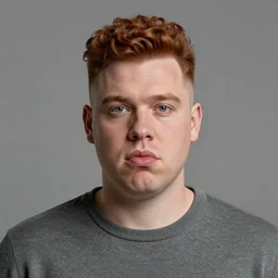 A british man with a wide face as well as semi big lips and a ginger brown fade with uptop curly hair, in a grey sweater, 4k resolution, 8k resolution, HD Quality, highly detailed, very detailed, detailed, studio quality lighting, digital art, trending on artstation