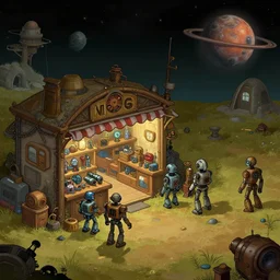 outside a store that sells robot parts, in a small remote outpost, on a remote planet, steampunk style, from a point and click 2 d graphic adventure game, set design inspired slightly by hg giger and tomb raider, art inspired by [ [ thomas kinkade ] ] and [ mark keathley ]
