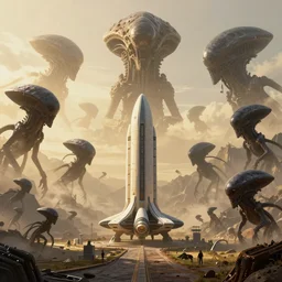 a spaceport environment invaded by dark aliens, background art, pristine concept art, small, medium and large design elements, golden hour, in the style of WLOP and Ross Tran