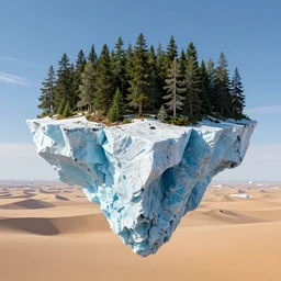 a giant iceberg with a forest on top of it floating in the air above a desert, panoramic view, daytime, hyper detailed, 4 k