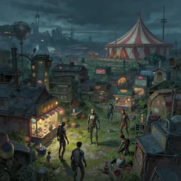 close - up of bio enhanced humans exploring small village cyperpunk amusement, food stalls, distant future big top circus tent, highly detailed, nightmare, neo tokyo, digital painting, concept art, matte, art by ruan jia and wlop and greg rutkowski and makoto shinkai, masterpiece