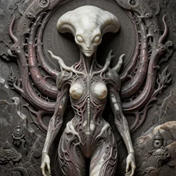 happy female alien, tubular creature, blood vesels, no face, dystopian surrealism, artstyle alex ries zdzisław beksinski, symmetry accurate features, very intricate details, hres, 4 k, naraka buddhist demon korean female, symmetrical long head, smooth marble surfaces, detailed ink illustration, raiden metal gear, cinematic smooth stone, deep aesthetic, concept art, post process, carved marble texture silk cloth, latex skin, highly ornate intricate details, in the style of 8 8 grzes