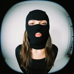 realistic! photoshoot for a new balenciaga lookbook, color film photography, portrait of a beautiful woman wearing a balaclava mask, photo in style of tyler mitchell, fisheye lens