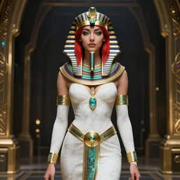 red - haired final fantasy white marble egyptian pharaoh, warframe armor, regal, attractive, ornate, sultry, sexy, beautiful, elize theron, pretty face, green eyes, scifi platform, 4 k, ultra realistic, epic lighting, illuminated, cinematic, black gold, art by akihito tsukushi, voidstar