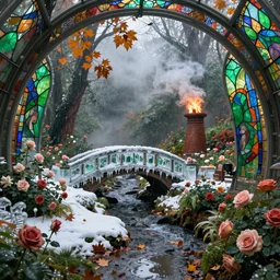 autumn inside the mars dome, ornate, beautiful, atmosphere, vibe, mist, smoke, fire, chimney, rain, wet, pristine, puddles, melting, dripping, snow, creek, lush, ice, bridge, green, stained glass, forest, roses, flowers, by stanley artgerm lau, greg rutkowski, thomas kindkade, alphonse mucha, loish, norman rockwell