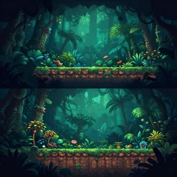 beautiful screnshot of a jungle at night platformer level design, golden ratio, rule of thirds, atmospheric, lush, sidescrolling, 2 d, orthgraphic, ori and the blind forest, fez