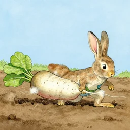 rabbit struggling to pull a turnip from soil, by beatrix potter