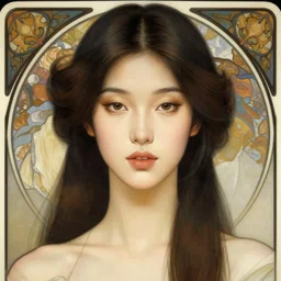 the portrait of an absurdly beautiful, graceful, elegant, sophisticated, tall, corean woman 2 1 years old, simmetric face, russian, highly detailed, artstation, smooth, hard focus, illustration, art by artgerm and greg rutkowski and alphonse mucha