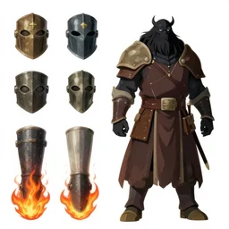 bugbear ranger, black beard, dungeons and dragons, hunters gear, flames, character design on white background, by studio ghibli, makoto shinkai