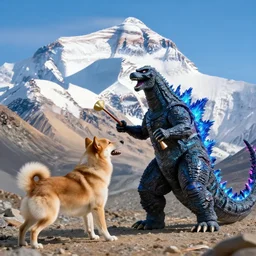 a dog bigger than the mount everest fighting neon genesis godzilla with nunchakus