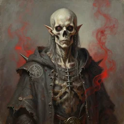 portrait of a mage, male emaciated, dead - eyed stare, wearing spikes and piercings, sigils, tattered robes, wisps of red smoke, painting by greg rutkowski and gustave dore ( bony )
