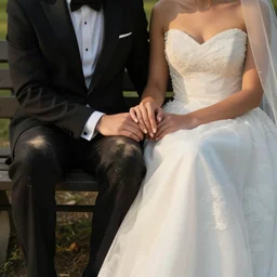 wearing tuxedo and wedding dress sitting on a park bench, tenderly holding their hands, partially covered with dust, cinematic lighting, late afternoon, photorealistic image