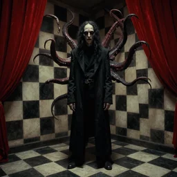 extremely detailed movie shot portrait of a dark bizarre figure standing in the corner of a checkerboard checkerboard room, closeup, by denis villenueve, yves tanguy, lovecraft, roger dean, amano, david lynch, tentacles, dynamic composition, rich moody colours, crimson drapes