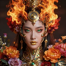 extremely close up front portrait of a beautiful oriental cyborg warrior woman, green eyes, gold lips, entwined in colourful lush flowers and fire, crown of fire, highly detailed, volumetric lighting, intricate time machine, decadent, highly detailed, octane render, concept art, smooth, sharp focus, hyper - realistic