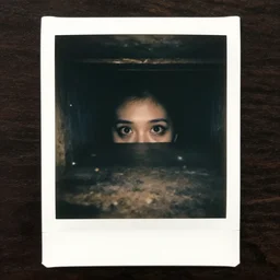 an eerie polaroid photograph of eyes looking back from inside the crawlspace,, nighttime, dimly lit, creepy