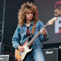 1 9 - year - old girl or boy with shaggy, unkempt, permed hair, double denim, headbanging, playing electric guitar, heavy rock concert, 1 9 9 2 live at lollapalooza, vhs quality