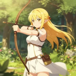 isekai cute anime girl elven archer. in a garden. aesthetic, golden ratio. beautiful lineart, depth focus, rankings pixiv, artstation, soft lighting, srgb, 4 k artstation, hdr, cinematic, motion blur, by dave greco, trent kaniuga, kienan lafferty