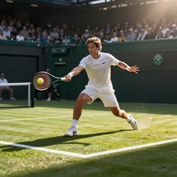 photorealistic art of a tennis player smashing the ball on center court at wimbledon, dynamic lighting, space atmosphere, hyperrealism, stunning visuals, by nick silva and mumford.