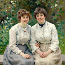 a painting of a happy middle aged married couple sitting in a garden together, by john singer sargent