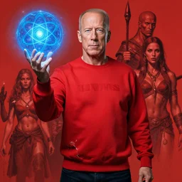 ripped physique shaman chakra telekinesis red artificer Bruce Willis wearing crimson sweatshirt brandishes a blue atomic orb meditation kent monkman elina brotherus jen bartel jim lambie greg rutkowski rothko tombow