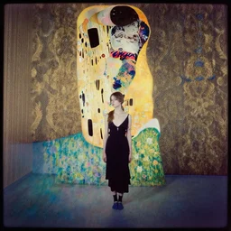 a lonely girl in an empty room, colored daguerreotype, by Mackintosh, by Klimt, art noveau, Baroque wallpaper, dark allure, bright pastel colors,