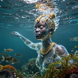 hyperrealistic neo - modern cinematic half underwater scene with fish and algae, very expressive! translucent elegant african goddess getting out of water, gold jewerly, highly detailed face, digital art masterpiece, aykut aydogdu zener, dramatic volumetric light, long shot, low angle uhd 8 k, sharp focus