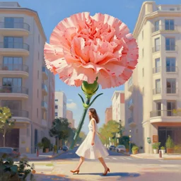 giant carnation flower as a head, woman walking between luxury apartments, surreal photography, sunlight, impressionist painting, digital painting, artstation, simon stalenhag