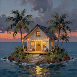 a very very small island! with a cute cozy large cottage!! on it and a paved patio!!!! with chairs and string lights!!!, palm trees, dark evening cloudy sunset, dramatic and dynamic lighting, thick brush strokes oil impasto painting
