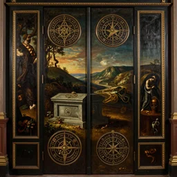 an oil painting door with intricate occult symbols, tomb in the midground, hills in the background, inspired by nicolas poussin, inspired by guercino, in the style of french baroque, insanely detailed, mysterious mood, horror elements, fantasy