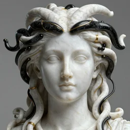 smooth white marble statue face of gorgeous medusa gorgo, black onyx details, black and gold wires, hyper realistic render, super detailed, photo quality, octane render, corona render