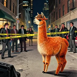an orange llama wearing a 1 9 4 0's noire detective outfit, standing in the streets of chicago at night looking at a crime scene, crime scene photography by moebius, junji ito, tristan eaton, victo ngai, artgerm, rhads, ross draws, hyperrealism, intricate detailed, risograph, optical illusion