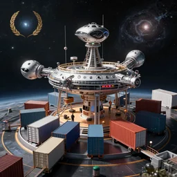 Digital art of an alien space station trade terminal in orbit around a star in space, with shipping containers docking,