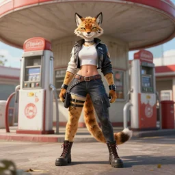 wide angle beautiful full body portrait of a strong female anthropomorphic anthro lynx fursona wearing biker clothes at an old gas station. character design by disney, anime, manga, charlie bowater, ross tran, artgerm, and makoto shinkai, detailed, soft lighting, rendered in octane