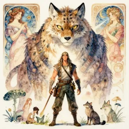 character concept art, science fiction, massive lynx - headed flirtatious masculine adventurer, with long viking hair, studio ghibli, pixar and disney animation, sharp, disney concept art watercolor illustration by mandy jurgens and alphonse mucha and alena aenami, pastel color palette, dramatic lighting, highly detailed